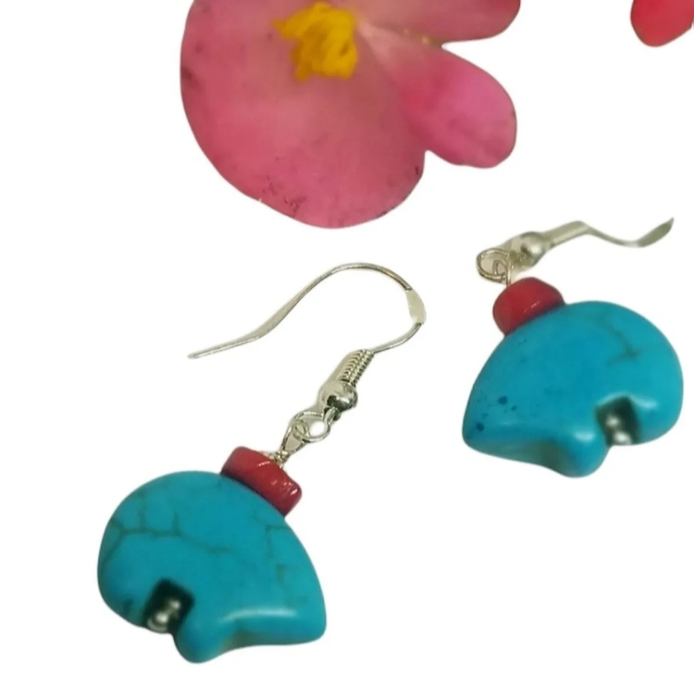 ZUNI Bears Blue Turquoise Sterling Earrings with red offering sterling 925 cute